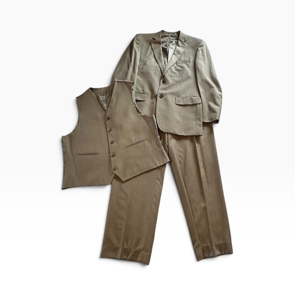Joseph & Feiss 3 Piece Suit Mens 43L 38W Tan Pinstripe Blazer Vest Pants-Read